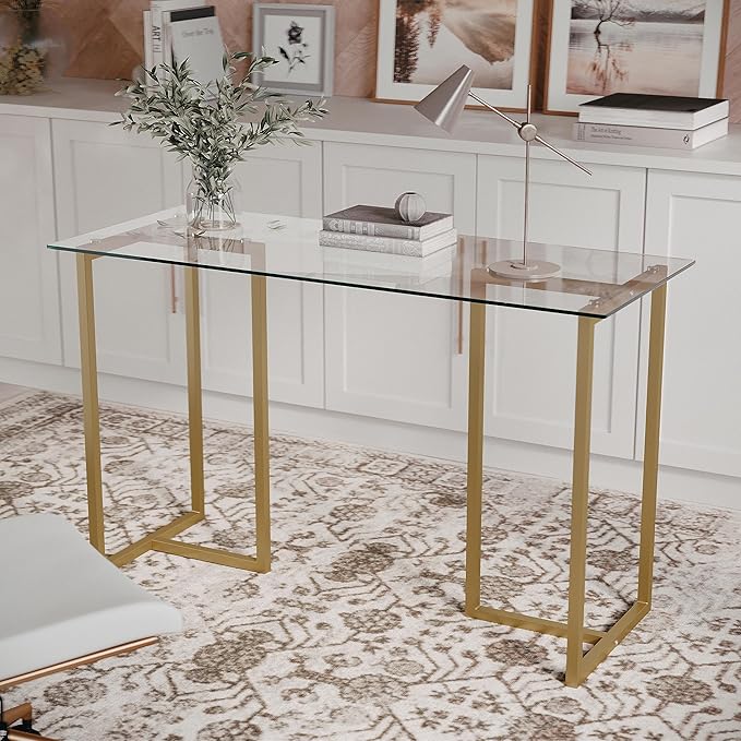 Martha Stewart Eli Home Office Desk with Glass Top and Steel Frame Polished Brass