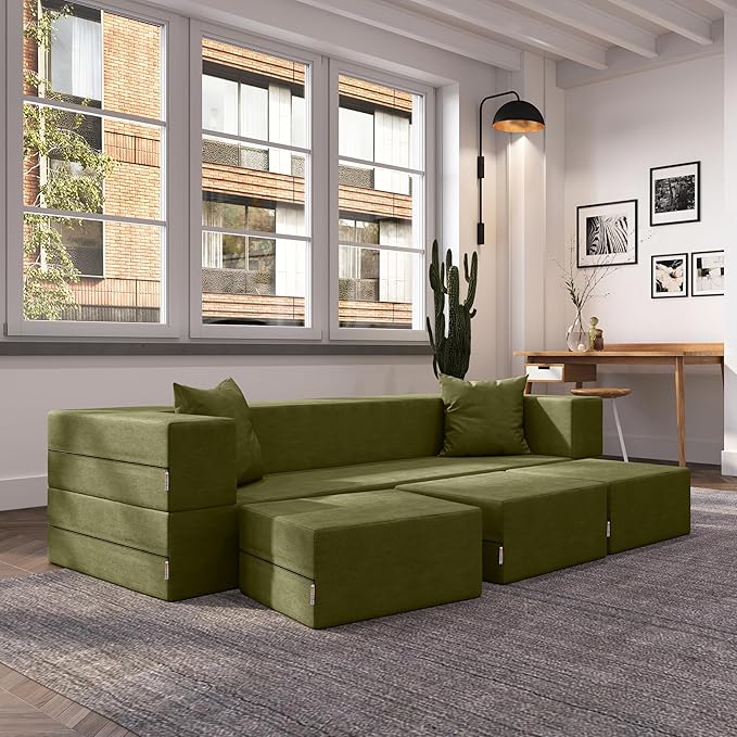 Jaxx Zipline Convertible Sleeper Sofa &amp Three Ottomans/California King-Size Bed Moss