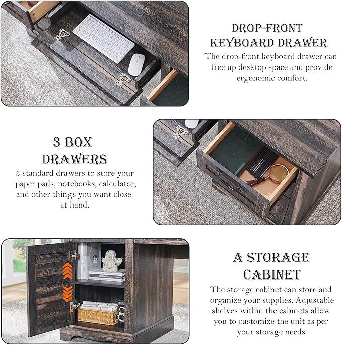 RedLemon 60 Executive Desk Farmhouse Home Office Desk with Drawers Charging Station Keyboard Tray File Drawer Storage Cabinet Wood Rustic Computer Writing Desk (Dark Rustic Oak)