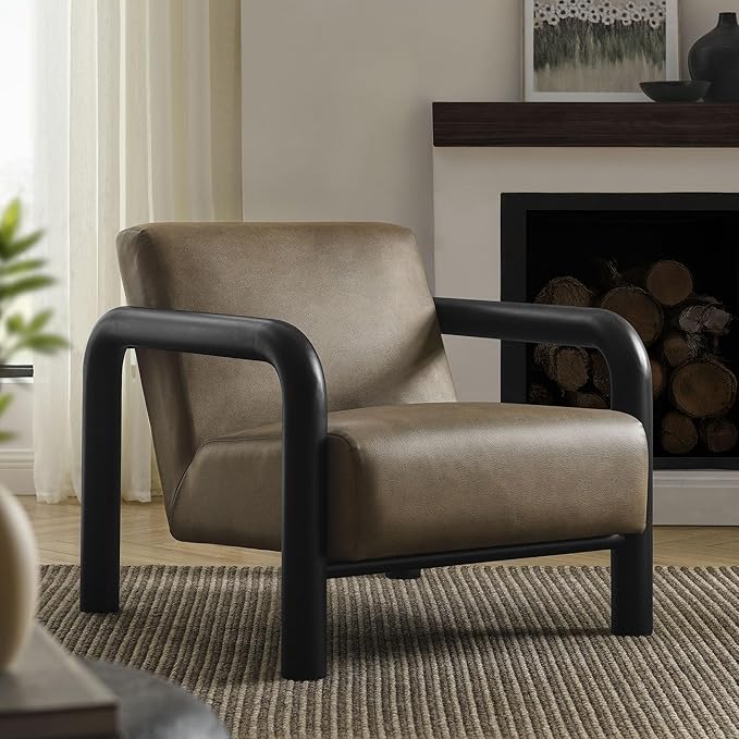 Modway Sereno Modern Vegan Leather Accent Chair in Mushroom Black with Rounded Wood Armrests – Faux Leather Lounge Chair for Living Room or Bedroom