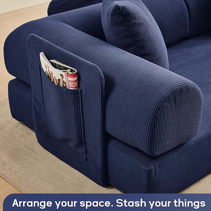 L Shaped Convertible Modular Boneless Sofa Bed with Cylindrical Pillow Corduroy Folding Floor Sofa Couch Bed with Fixed-Shape Frame &amp Storage Pocket for Living Room Blue