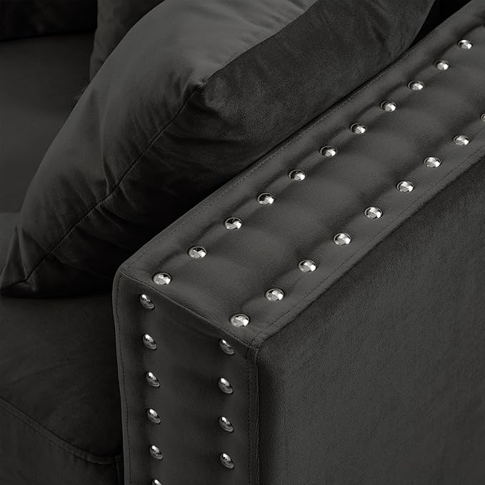 84.5 Wide 3-Seater Velvet Sofa with Storage Mid Century Modern Chesterfield Couch Upholstered Love Seat with Deep Seat &amp Retro Trim Black Velvet Couch for Living Room Office Apartment (Black)