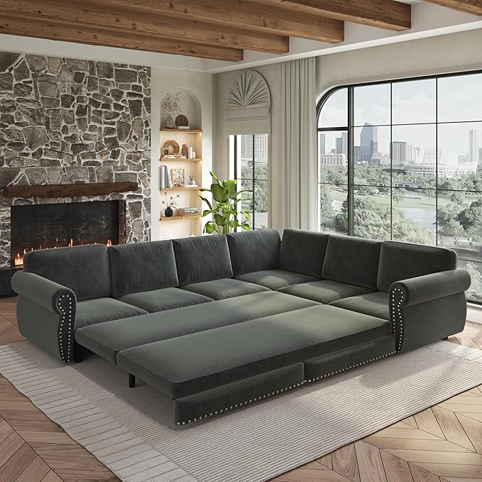 118 Sleeper Sofa Bed Sectional Couches for Living Room/Apartment Chenille L Shaped Couch with Pull Out Couch Bed Convertible Sectional Sofa with Rolled Arm &amp Nailhead Trim Dark Grey