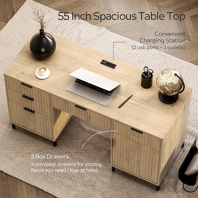 55 Fluted Executive Desk Modern Home Office Desk with Charging Station Keyboard Tray File Drawer Storage Cabinet for Work Study Writing Desk Light Oak