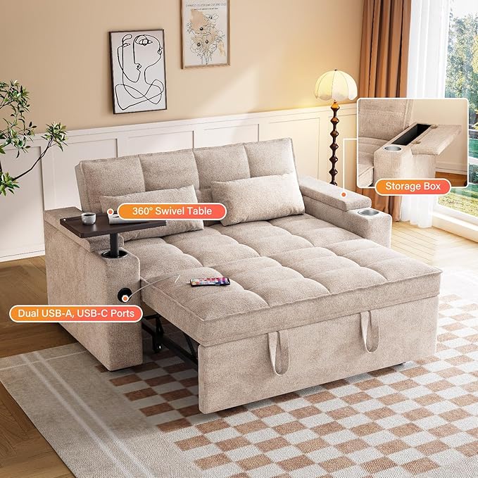 65'' 3-in-1 Convertible Sofa Bed with Adjustable Backrest Pull Out Sofa Chenille Couch Sleeper 360° Swivel Side Table Easy Assembly for Living Room &amp Apartments Khaki