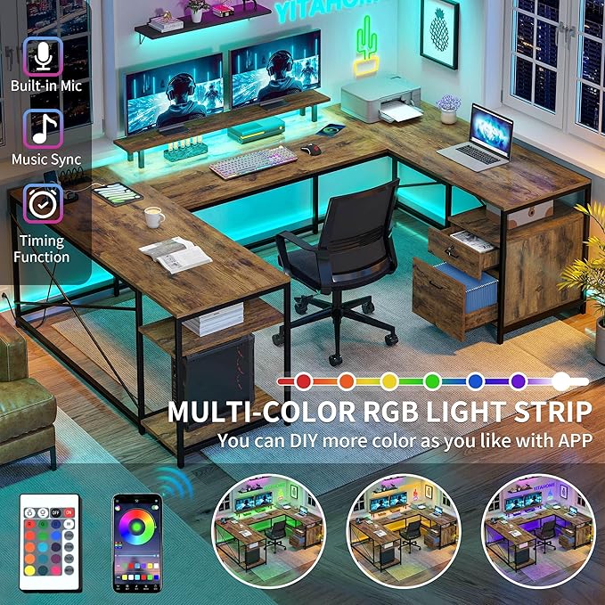 YITAHOME U Shaped Desk with Power Outlets &amp LED Lights 79 Reversible L Shaped Desk with Drawers Corner Computer Desk Office Desk with Monitor Stand &amp Storage Shelves Rustic Brown