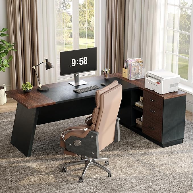 LITTLE TREE 78-Inch Executive Office Desk with File Cabinet Large Modern Corner Office Desk for Home Office 3-Drawer Wood File Cabinet Spacious Workstation for Home Office (Brown &amp Black)