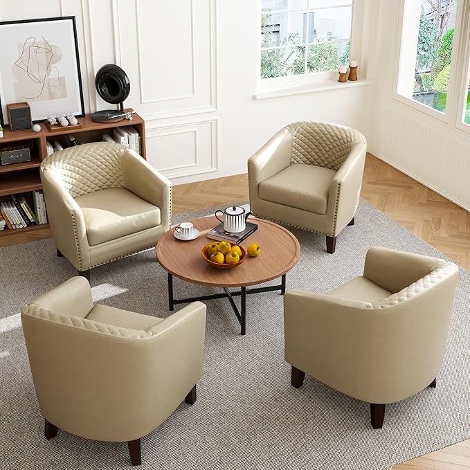 Accent Barrel Chair Upholstered Faux Leather Club Chair with Nailed Trim Comfy Reading Armchair for Living Room Bedroom Reception Room Office (Beige Set of 2)