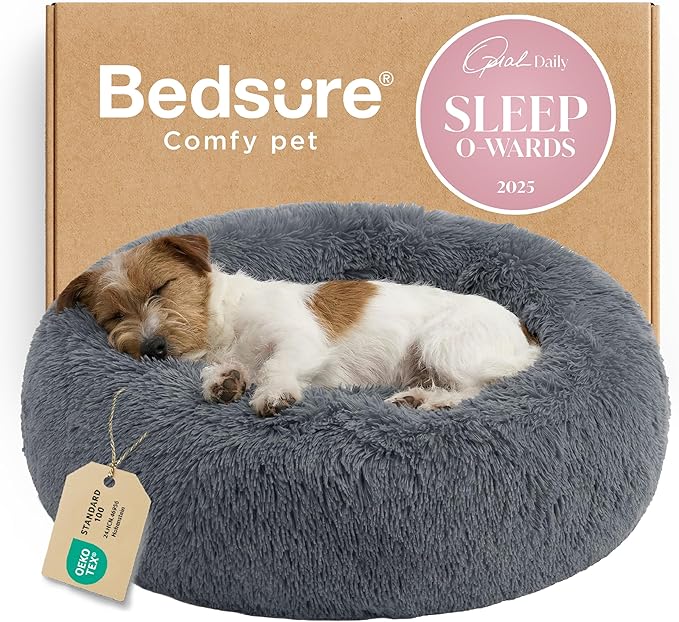 Bedsure Calming Dog Bed for Small Medium Dogs - Donut Washable Medium Pet Bed 27 inches Anti-Slip Round Fluffy Plush Faux Fur Cat Bed Dark Grey