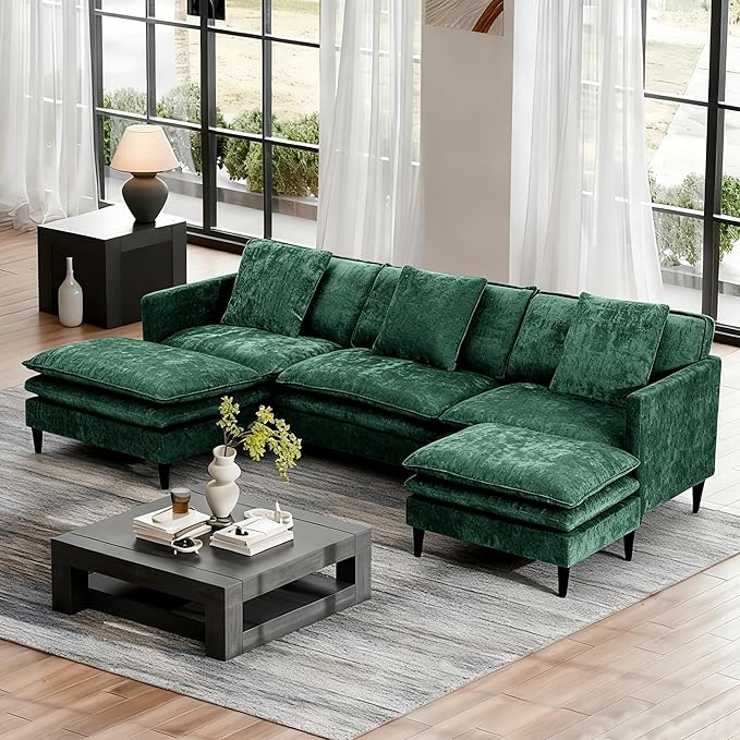 Modular Sectional Sofa143.31'' Modern Sofa Sleeper CouchComfy Cloud Couches with 3 Seat &amp 2 Ottoman &amp 3 Pillows Sofa SetDeep Seat Sofa with Movable Ottoman for Living RoomChenille(Green U
