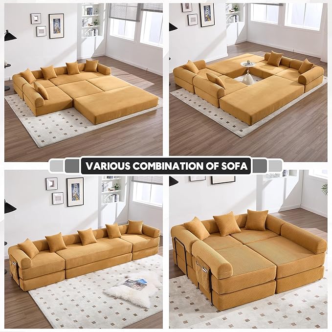 Oversized Modular Cloud Couch for Living Room Corduroy L-Shaped Sectional Sleeper Sofa Bed with Fixed-Shape Frame Modern Boneless Couch with Pillows &amp Storage Yellow