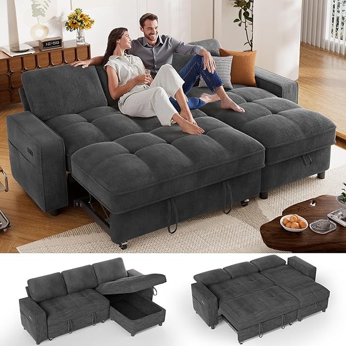 Sunny Heart Sleeper Sofa Bed 81 L Shaped Couch Sleeper Sofa Pull Out Couch Bed with Reclining Backrest | Reversible Storage Chaise | USB Port | Side Pocket | Tool-Free Assembly | Chenille Dark Grey