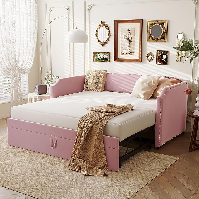 Flieks Twin Size Velvet Upholstered Daybed with Pop-Up Trundle 2-in-1 Convertible Sofa Bed for Small Space Modern Daybed for Guest/Kids Room in Pink (Mattress Not Included)