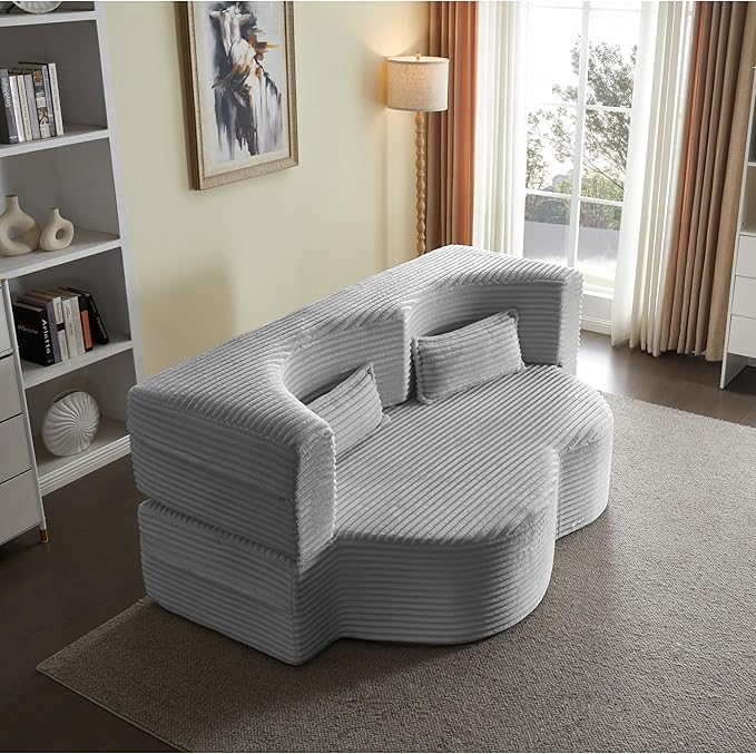 2 in 1 Folding Floor Couch Sofa Bed with 2 Pillows Convertible Sleeper Sofa Modern Full Mattress for Living Room Guestroom Plush Corduroy Floor Sofa BedNo Assembly RequiredLight Grey