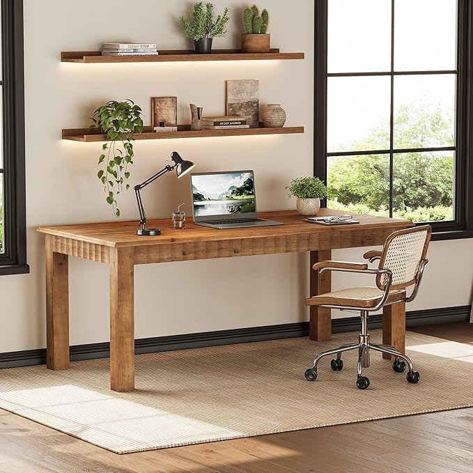63-Inch Computer Desk Solid Wood Home Office Desk with Sturdy Wooden Legs Rustic Large Computer Office Table for Writing Reading Study Brown