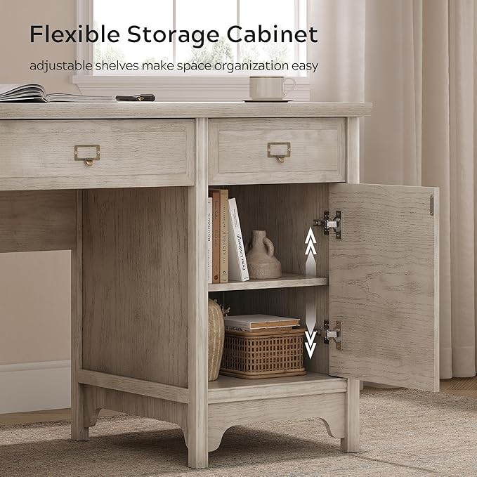 55 Farmhouse Executive Desk Solid Wood Painted Home Office Desk with Charging Station 5 Drawers Storage Cabinet Computer Writing Table for Work Study Writing Grey
