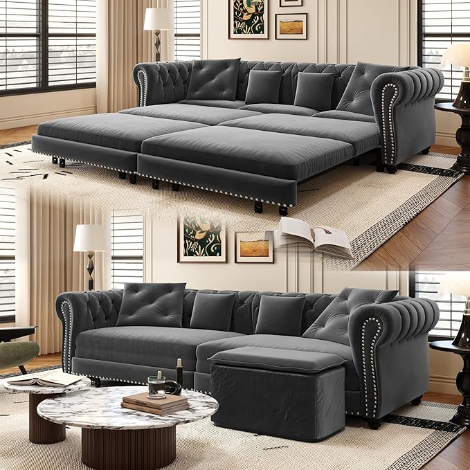 3-in-1 Pull Out Sofa Bed - 89 King Size Convertible Sleeper Sofa Large Velvet 3-Seater Sofa with Movable Ottoman Sleek Rivet Detailing Tufted Design Pull Out Couch (Gray)