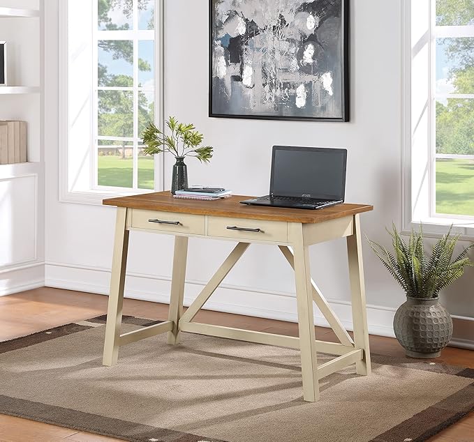 OSP Home Furnishings Milford Rustic 42 Inch Writing Desk with 2 Drawers and Burnished Decorative Hardware Antique White
