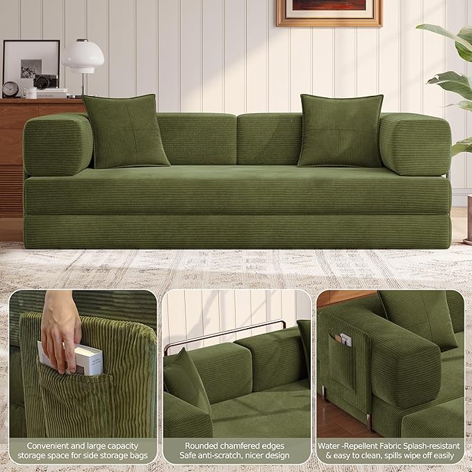 MoonSpeak 78.8''Sleeper Couch Bed for LivingroomConvertible Modular Sofa with Armrest PillowModular Foldable Corduroy Couches in a BoxNo Assembly (Green)