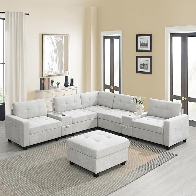 104'' Sectional Sofa with 2 Acrylic Consoles Oversized U Shaped Couch Set with USB ChargerStorage DrawersPocketsMovable OttomanChenille Modular Sectional Sofa for Living RoomApartment(Beige)