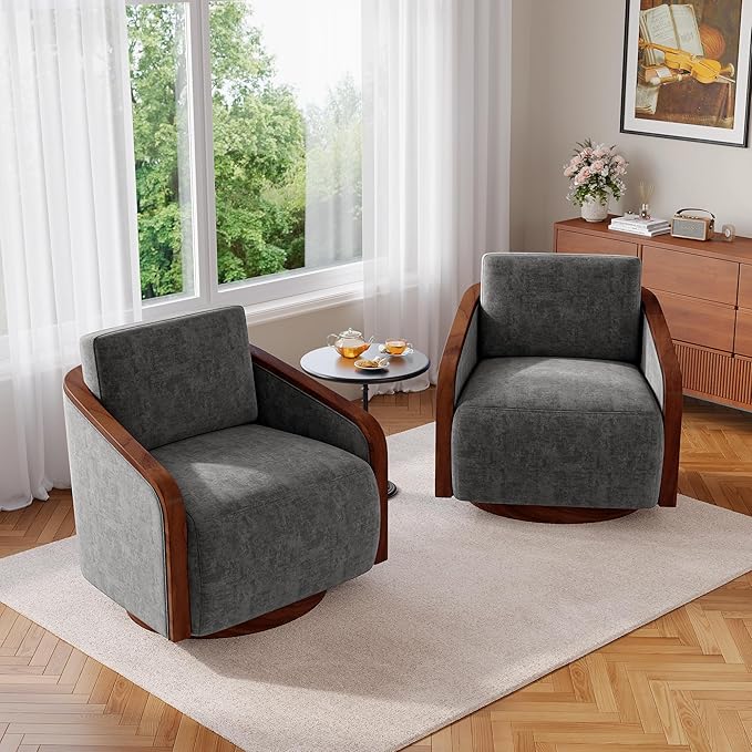 UIXE Swivel Accent Chairs Set of 2 Chenille Barrel Club Chair Upholstered Armchair for Living Room Contemporary Arm Chair Bedroom Reading Seat Nook Single Sofa with Back Pillow - Dark Gray