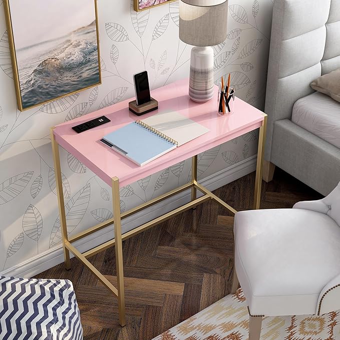 24/7 Shop at Home Fultonville Modern Metal Writing Desk with USB Port Power Outlet for Workstation Home Office Study Room Pink and Gold