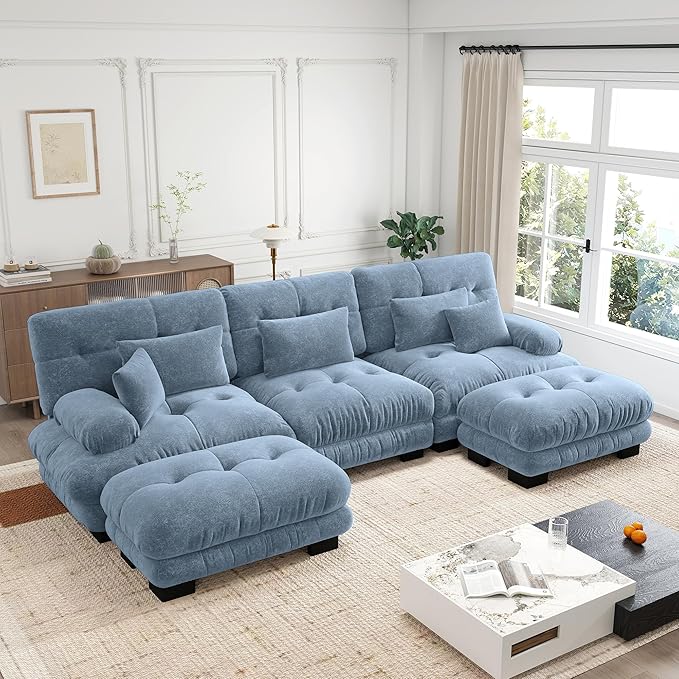 Cloud Couch 133.8“ Sectional Couches for Living Room Oversize Deep Seat U Shaped Couch Chenille Fluffy 3 Seats Sofa with 2 Ottomans Blue