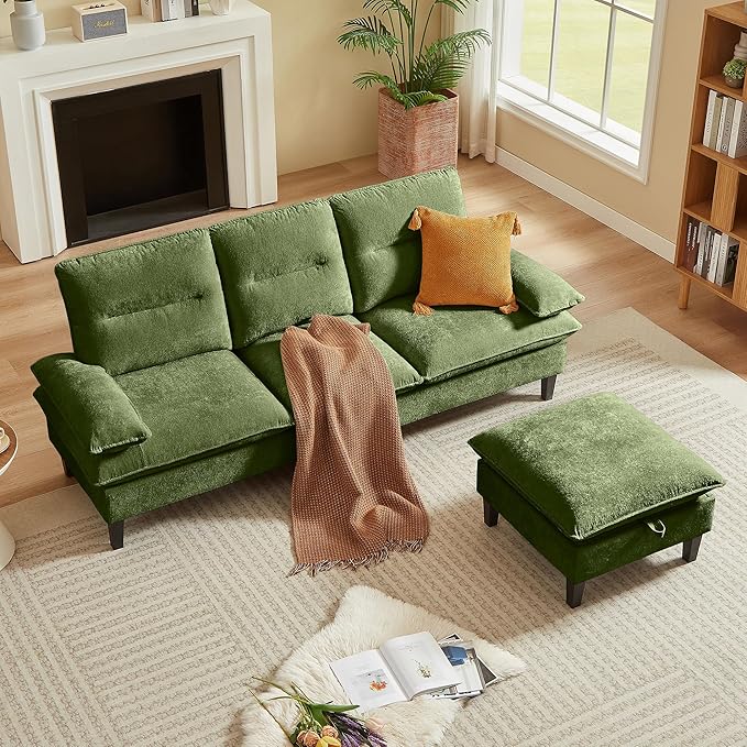 86'' Chenille Sofa with Storage Ottoman Modern Living Room Sofa with Removable Washable Cushion 3 Seater Comfy Couch for Apartment Bedroom Office (Green)