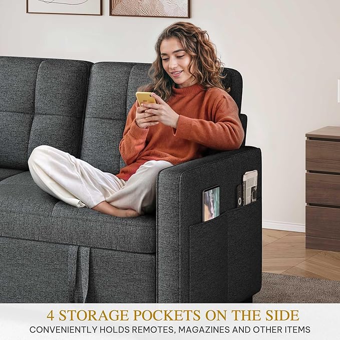 DWVO 55 Convertible Sofa Bed 3-in-1 Sleeper Sofa with Pull-Out Bed Linen Futon Couch with Adjustable Backrest and Side Pocket Modern Loveseat for Living Room Apartment Grey