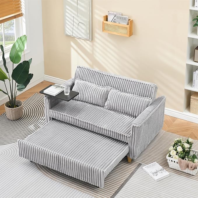 LUMISOL 3 in 1 Convertible Sleeper Sofa Bed 54 Loveseat Sofa with Pull Out Bed Corduroy Loveseat Futon Couch Bed with Side Table &amp USB Ports for Living Room Apartment Gray