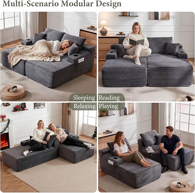 69 Upgraded Oversized Boneless Chaise Lounge Chair Indoor with cup holders and side storage pockets Soft Plush Corduroy Modular Love seat Sofa Deep Seat Sleeper Chairs for Living Room Grey.