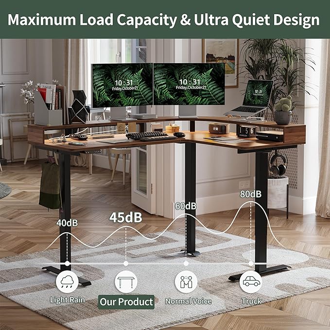 FEZIBO 63x49 L Shaped Standing Desk with Arc LED &amp Power Outlet Electric Height Adjustable L Shaped Desk with Monitor Stand for Gaming Office Black Walnut（2 Packages）