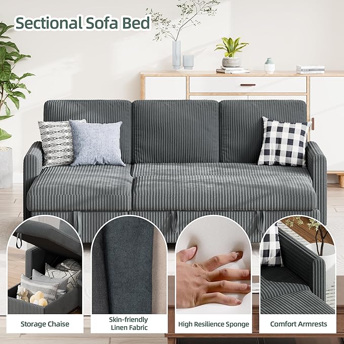 Sofa Bed Couch Sectiona Sofa 4-in-1 Multifunctional Pull-Out Couch Sleeper Sofa Couch with Storage Chaise Pullout Sectional Couches for Living Room/Office/ApartmentDark Gray