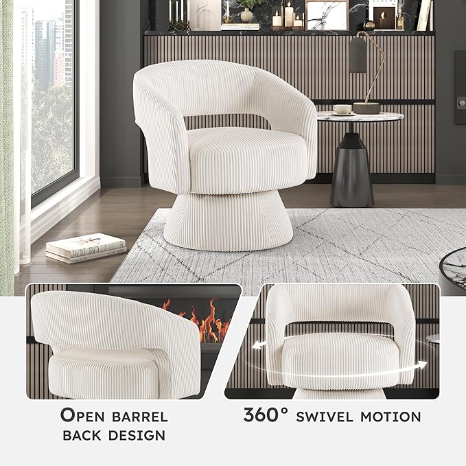Lexicon 360 Degree Swivel Accent Chair Modern Comfy Corduroy Round Barrel Chair Open Back Plush Foam Cushions Metal Swivel Base for Living Room/Bedroom/Office Beige