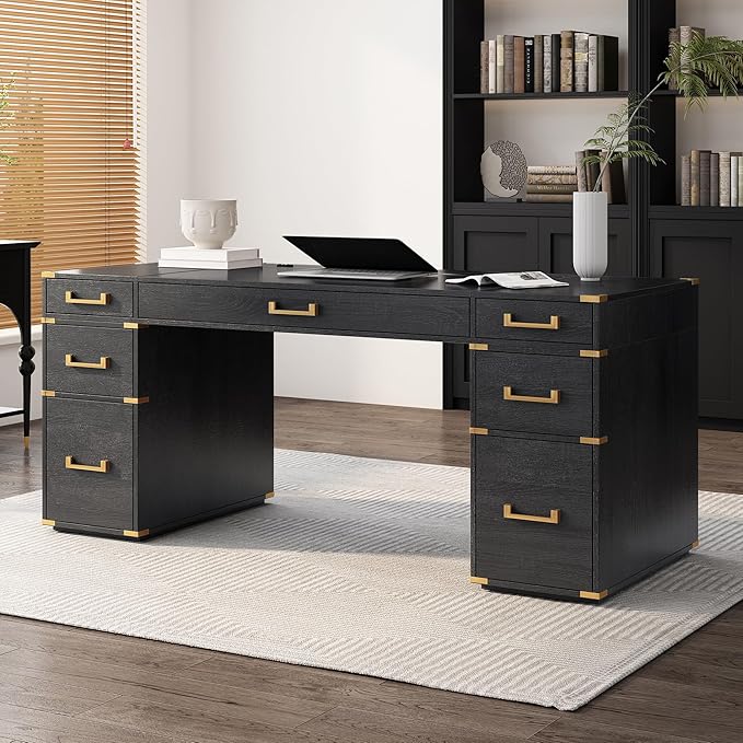 Merax 70 Extra-Large Classic and Traditional Executive Desk with Metal Edge TrimWriting Desk with 2 File DrawersUSB Ports and Outlets Living RoomHome OfficeStudy Room.(Black+Gold)