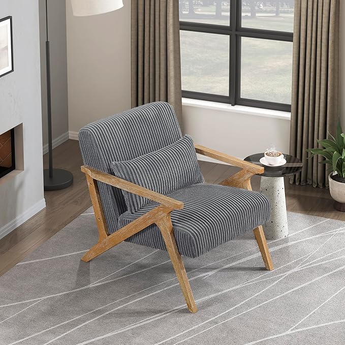 Lexicon Mid Century Modern Accent-Chair with Lumbar Pillow Brown Solid Wood Frame Comfy Corduroy Upholstered Lounge Arm Chair for Living Room/Bedroom/Office/Reading Nook Assembly Required Grey