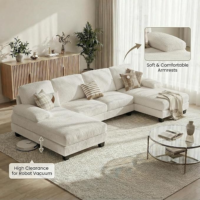 Homall Modular Sectional U Shaped Sofa Couches for Living Room Comfy Chenille 4 Seat Sofa Set with Removable Pillows Lounge Chaise Upholstered Couch for Apartment (Corduroy Beige)