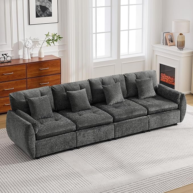 112 Oversized Modular Cloud Sofa Deep Seat Tufted Chenille 4-Seater Sectional Couch with Curved Arms Comfy Sofas for Living Room Dark Grey