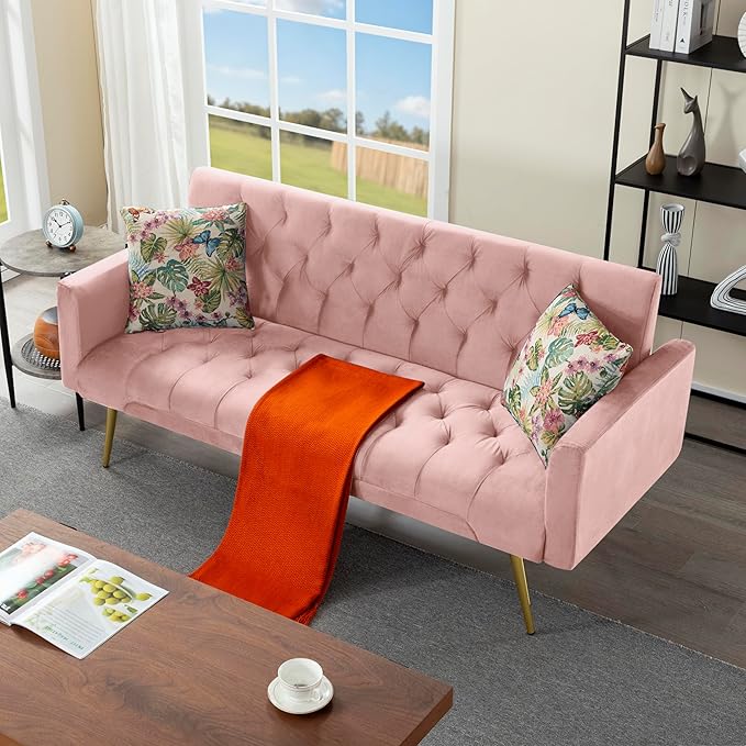 68.5” Futon Sofa Bed Convertible Futon Couch with Adjustable BackrestFolding Sofa Bed with 2 Pillows &amp Metal Legs Sleeper Loveseat with Armrest for Home Office (Pink)
