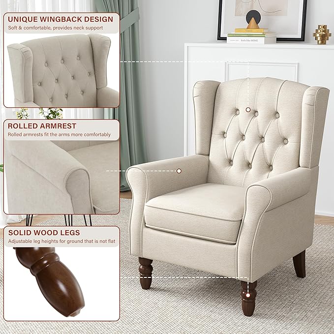 High Back Accent Chairs Set of 2 High Wingback Chair for Living Room Button-Tufted Upholstered Fabric Armchair with Solid Wood Legs Comfy Single Sofa Reading Chair for Bedroom Beige