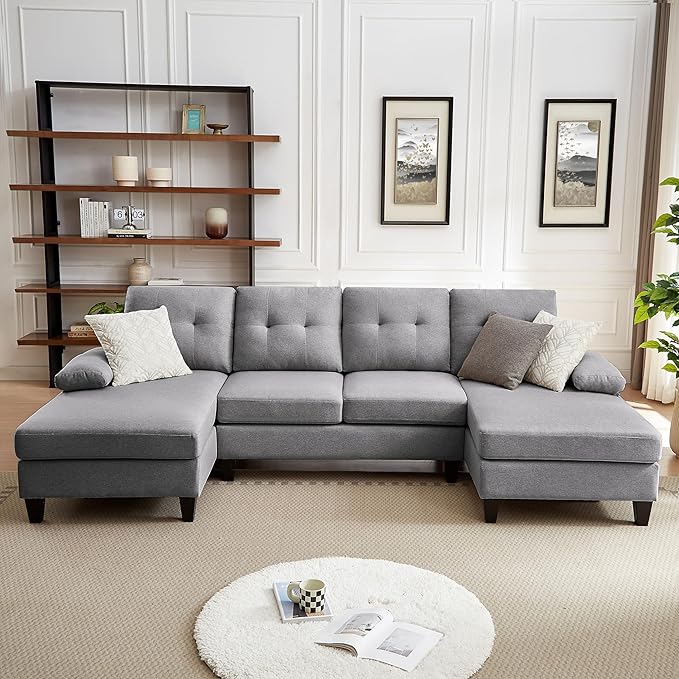 Sectional Sofa Couch for Living Room Convertible U Shape Sofas 4 Seat Modular Couches with Double Chaise and Portable Armrest Modern Polyester Fiber 111 (Light Grey)