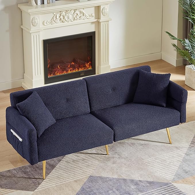 69.5'' Futon Loveseat Sofa Bed Comfy Teddy Upholstered Folding Couch with Adjustable Backrest and ArmrestsSleeper Couches with Side Pocket and Gold Metal Legs for Living Room (Dark Blue)