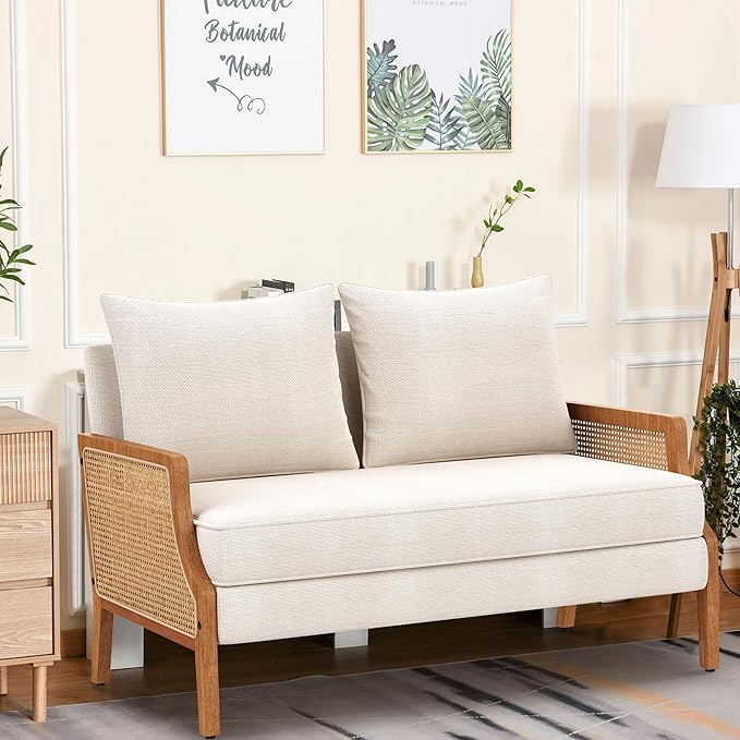 Aklaus 45 W Fabric Small Beige loveseat with Natural Rattan ArmsUpholstered Modern Mini Sofa Linen Couch Love Seat Settee Bench with Back for Living Room Bedroom Office Small Space Entryway Ivy
