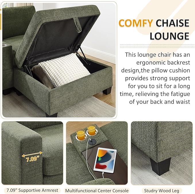 VANOMi 118 Convertible Sectional Sofa with Storage Ottoman Comfy 3 Seater Chenille Fabric Couch with Charging Ports &amp Cup Holders Modern L Shaped Couches for Living Room Apartment (Green)