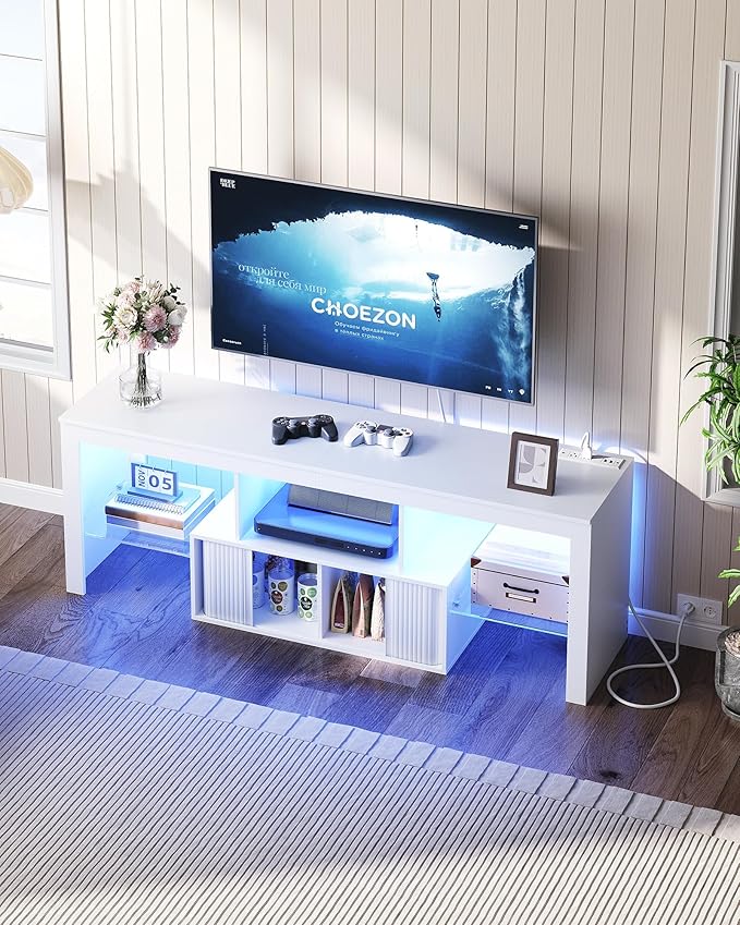 TV Stand with Power Outlet Modern TV Cabinet for 55 60 inch TVs Media TV Console with LED Light Strip Media Entertainment Center with Storage for Living Room Bedroom White MDS02UDWB