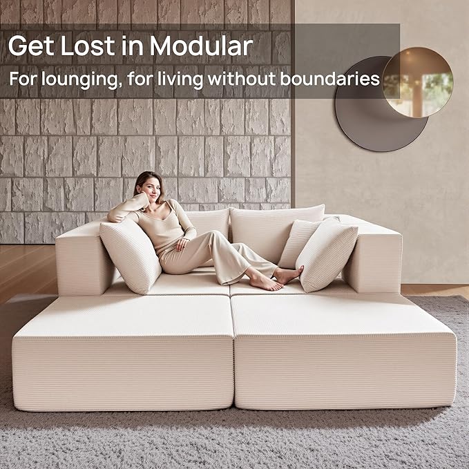 YINIX 140 Modular Sectional Sofa Couches Corduroy Sleeper Deep Seat Sofa Bed Comfy Cloud Couch for Living Room Floor Sofa 6 Piece Free Combination Compression No Assembly Required Beige