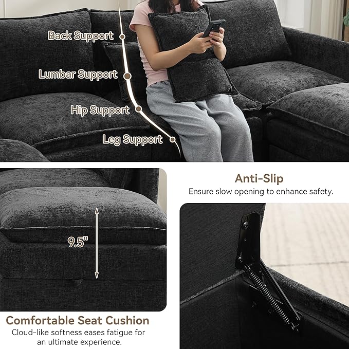 80 Cloud 3 Seater Sectional Modular Couch with Storage Ottoman Upholstered Storage Sofa Modern Couch Deep Seat Chenille L Shape Sofa Comfy Couches with Armrests for Living Room Small Space Black