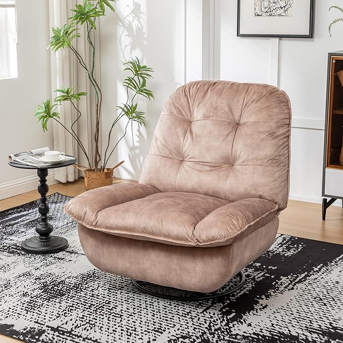 JOSHEN 41 Modern Velvet Reclining Lazy ChairLarge Reading ChairSwivel Gliding Rocking Chair with Mobile Phone Holder for Living RoomBedroomLight Brown