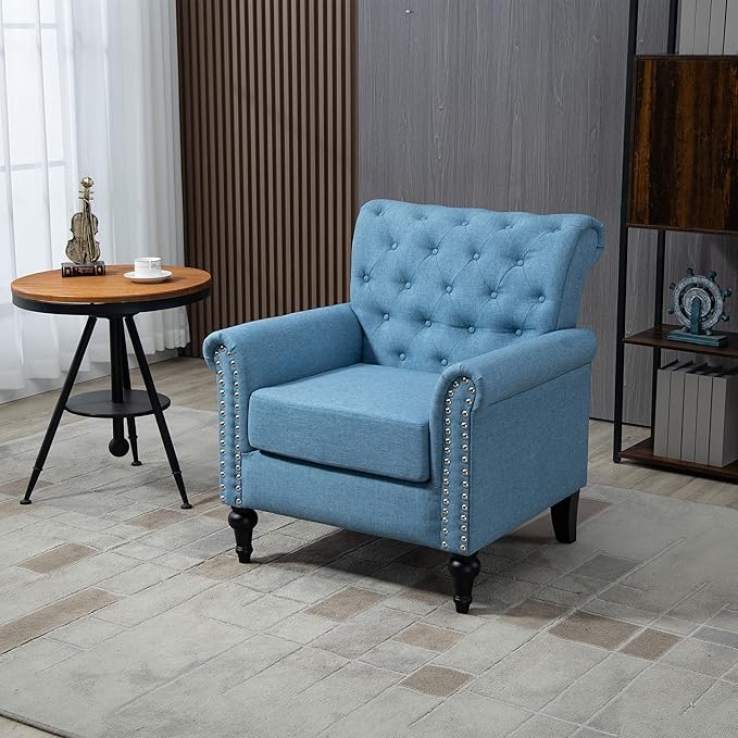 Mid Century Modern Accent Chair Linen Armchair wTufted BackWood Legs Upholstered Lounge Arm Chair Single Sofa for Living Room BedroomLight Blue