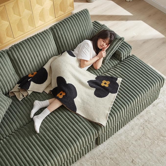 84 Corduroy Modular Cloud Couch with 2 Ottomans Modern Oversized 3-Seater Deep Seat Sofa with Back &amp Toss Pillows Comfy Sofa with 2 Storage Spaces &amp Cup Grooves for Living Room Army Green